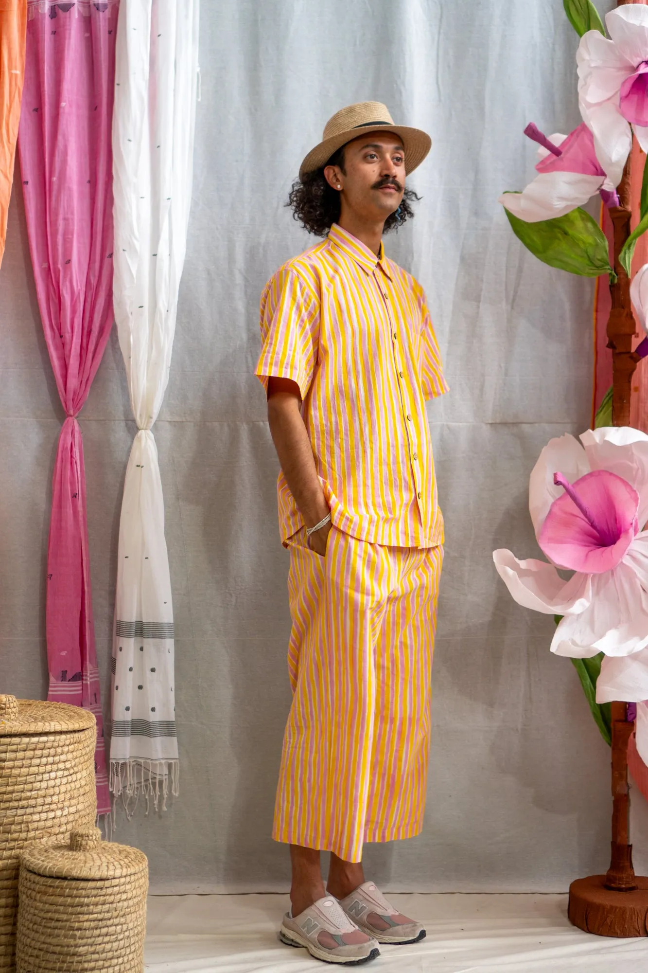 ¾ Button Pants – Pink & Yellow Candy Stripe Print