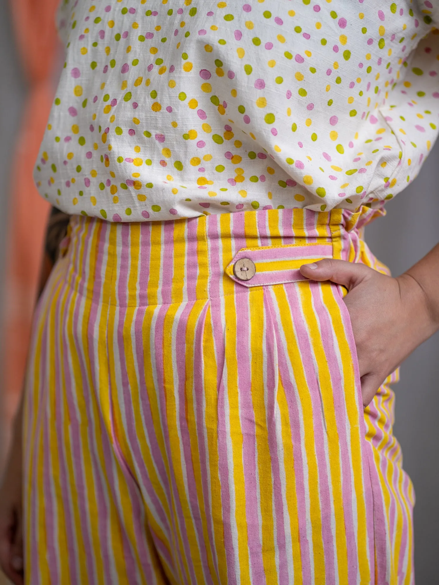 ¾ Button Pants – Pink & Yellow Candy Stripe Print