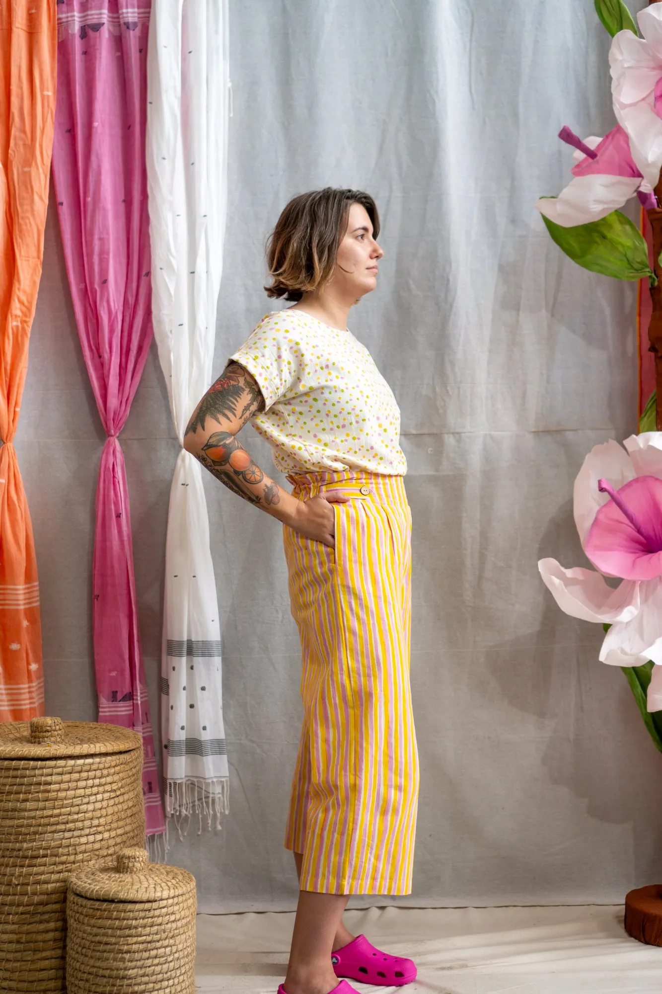 ¾ Button Pants – Pink & Yellow Candy Stripe Print