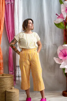 ¾ Button Pants – Pink & Yellow Candy Stripe Print