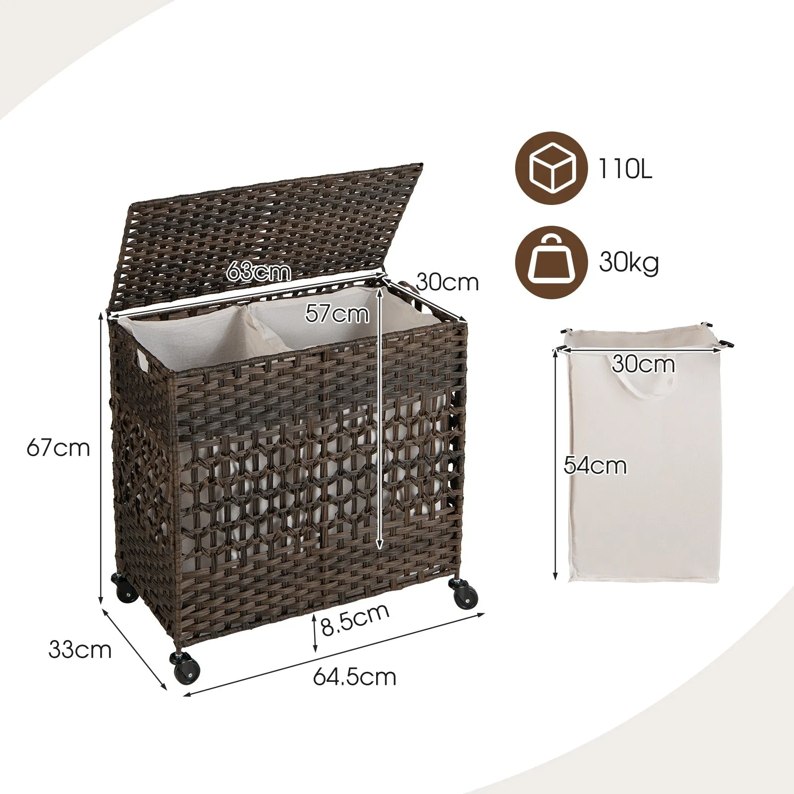 110L Collapsible Laundry Hamper Lid &amp; Removable Liner Bag-Brown