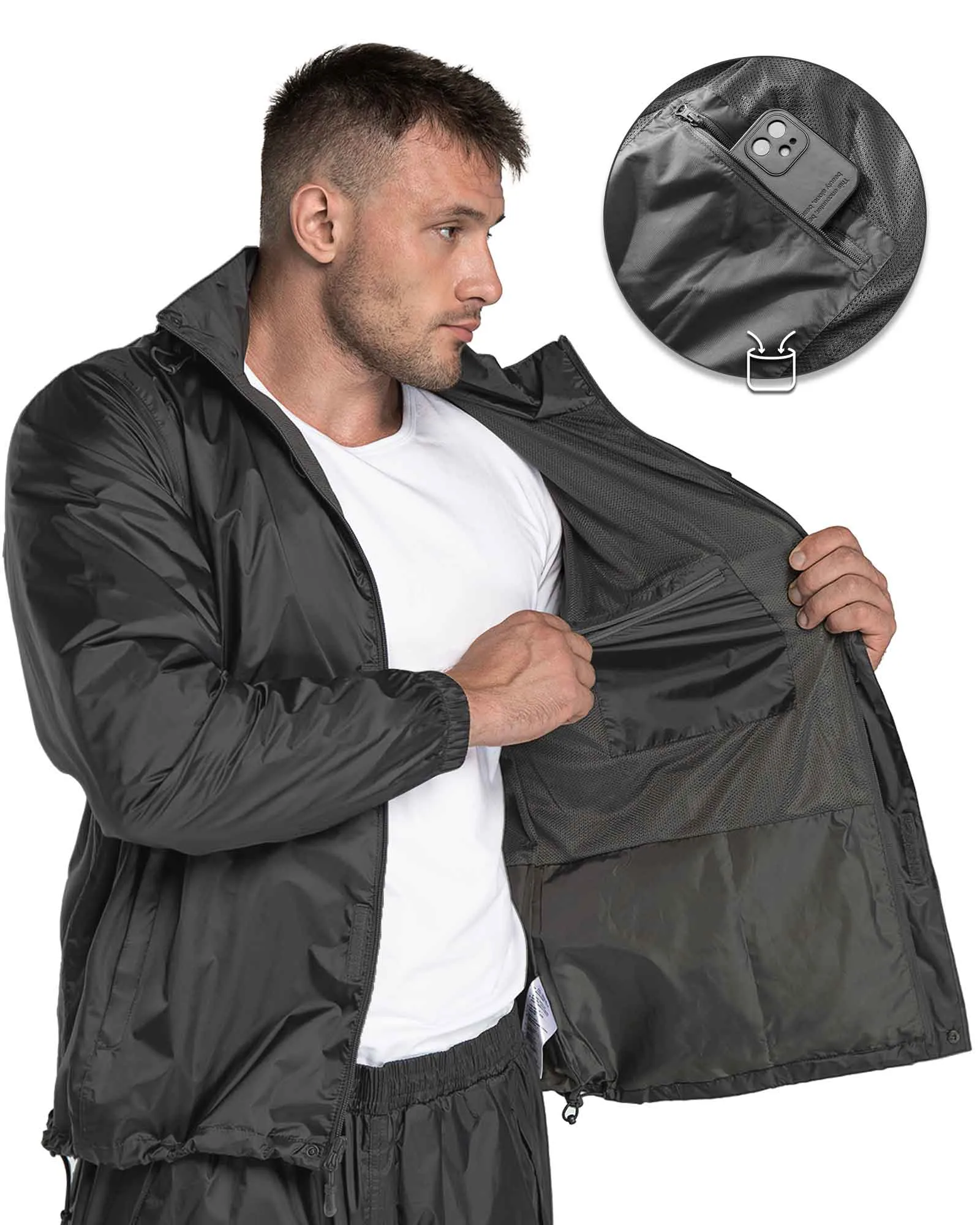 1.39 lbs 5000mm W/P Index 3000 Level Breathable Men's Packable Rain Suit with 5 Pockets and Reflective Design