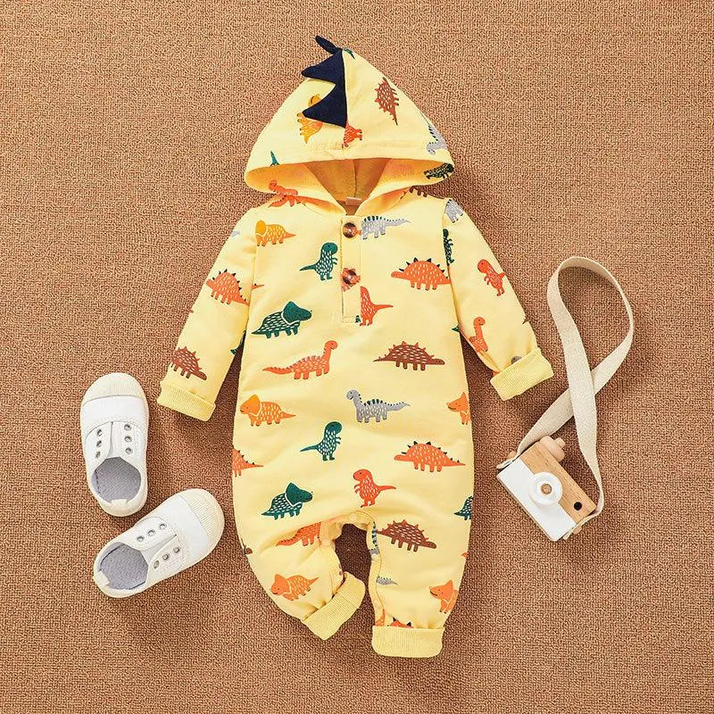 2021 Baby Boys Cartoon Dinosaur Print Hoodie Jumpsuit