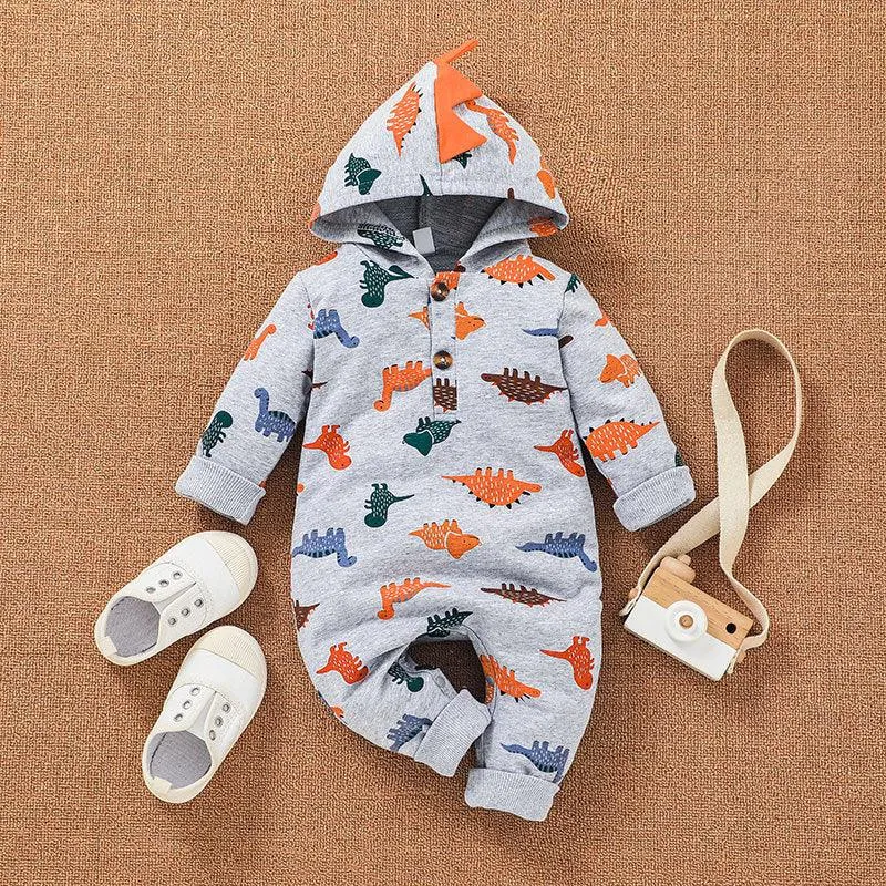 2021 Baby Boys Cartoon Dinosaur Print Hoodie Jumpsuit