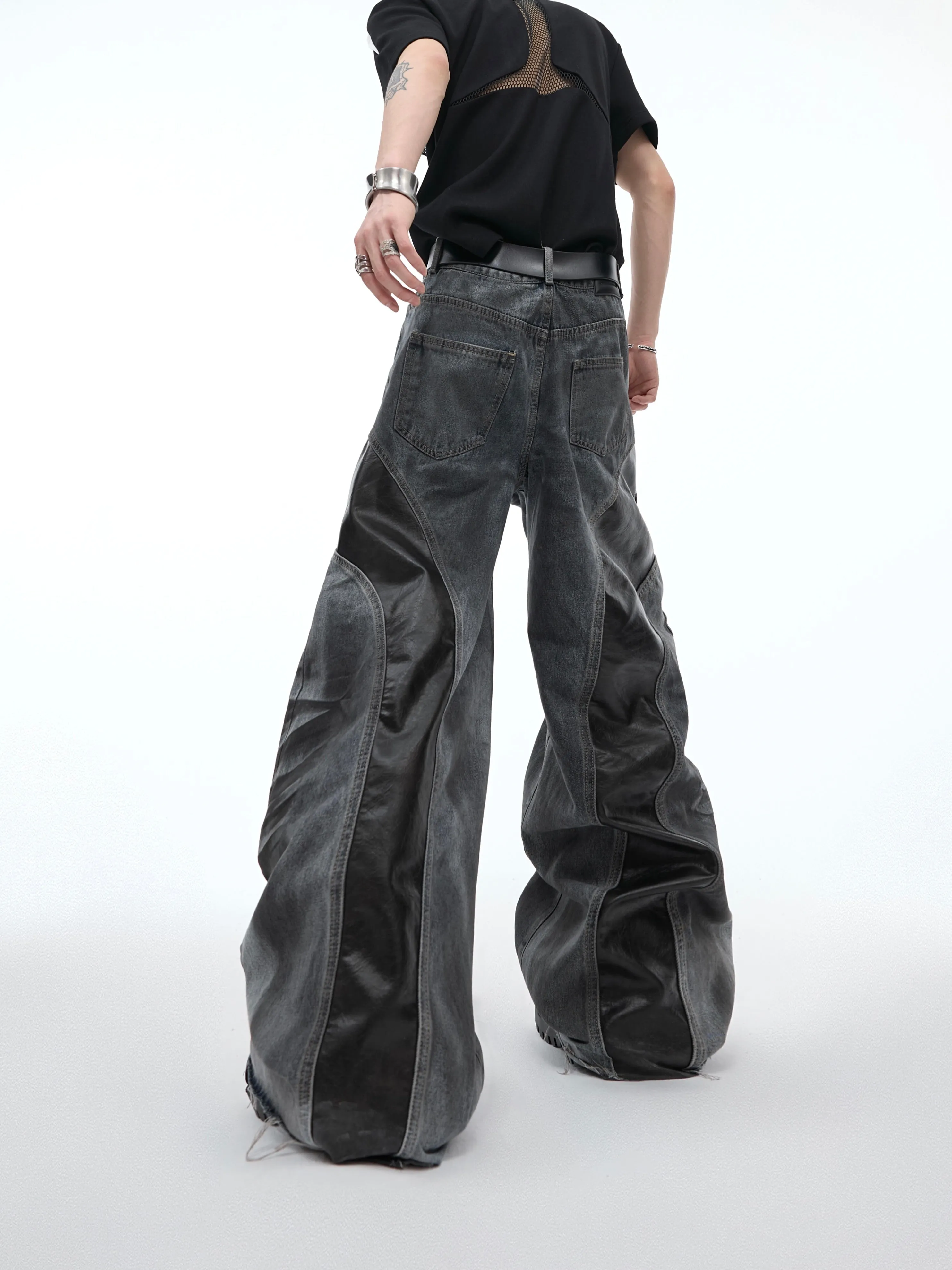 【24s April.】Distressed PU Leather Patchwork Jeans