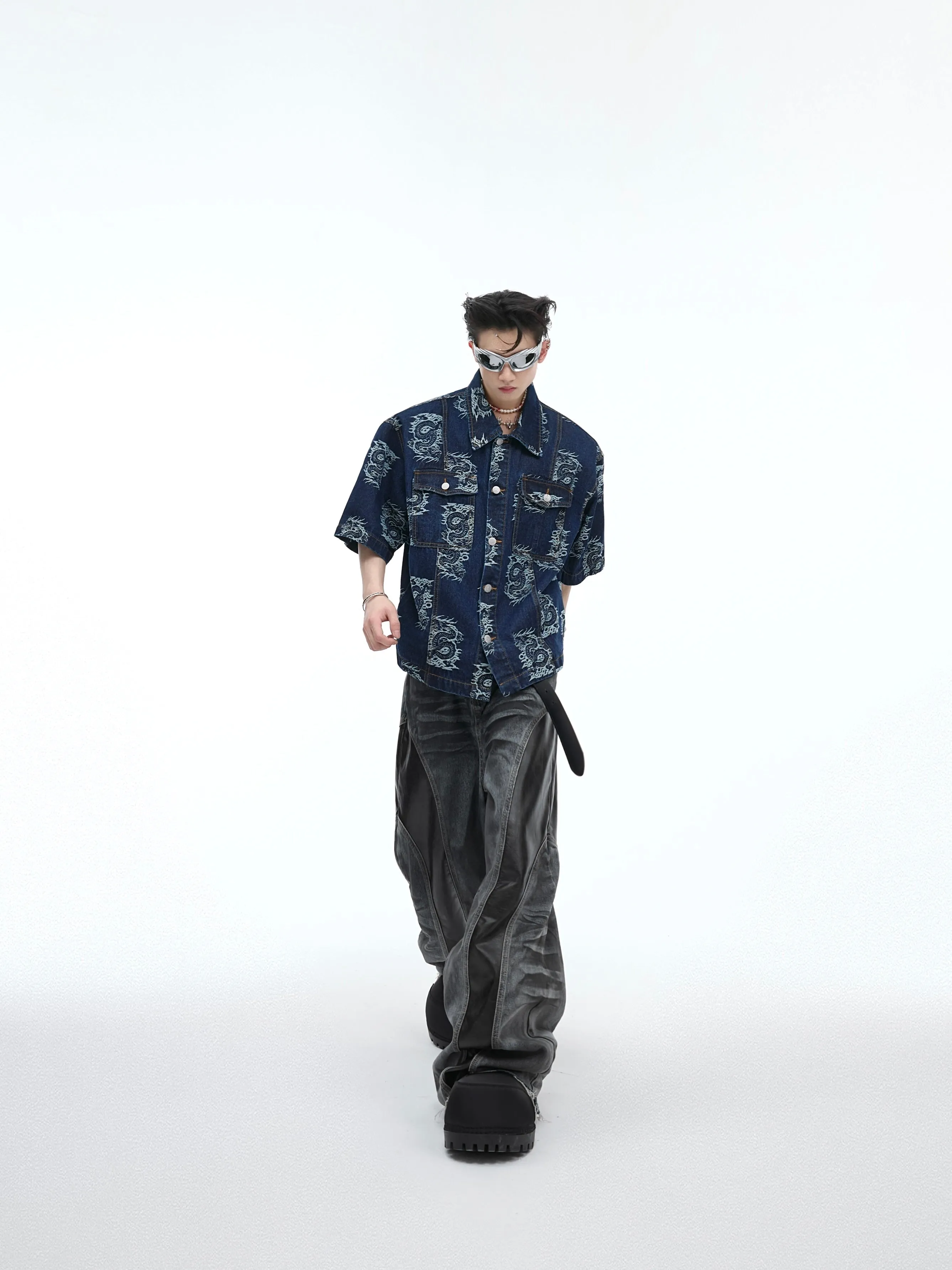 【24s April.】Distressed PU Leather Patchwork Jeans