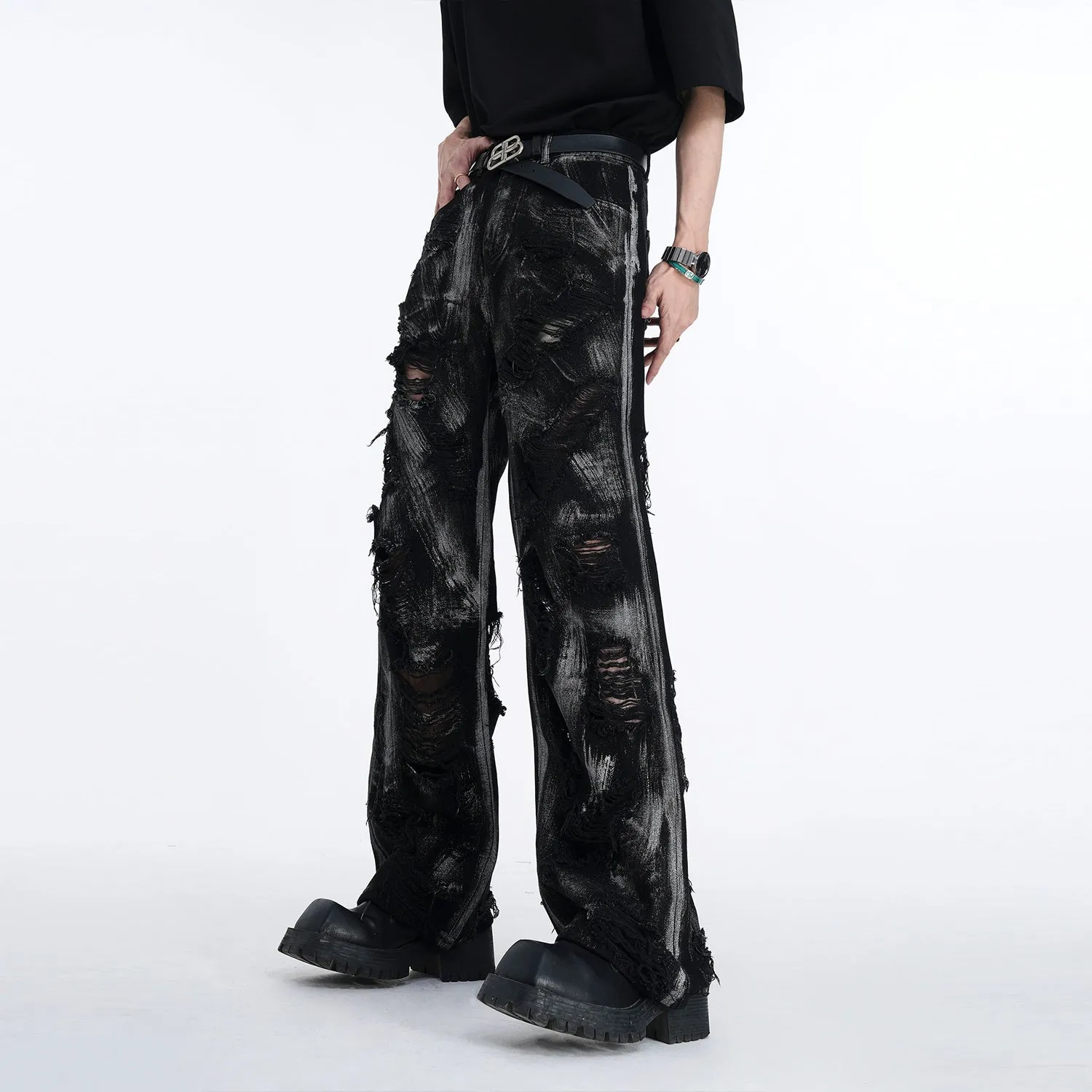 【24s Aug.】High Street Wasteland Style Graffiti Black Damaged Jeans