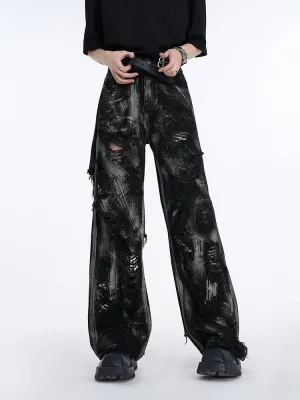 【24s Aug.】High Street Wasteland Style Graffiti Black Damaged Jeans