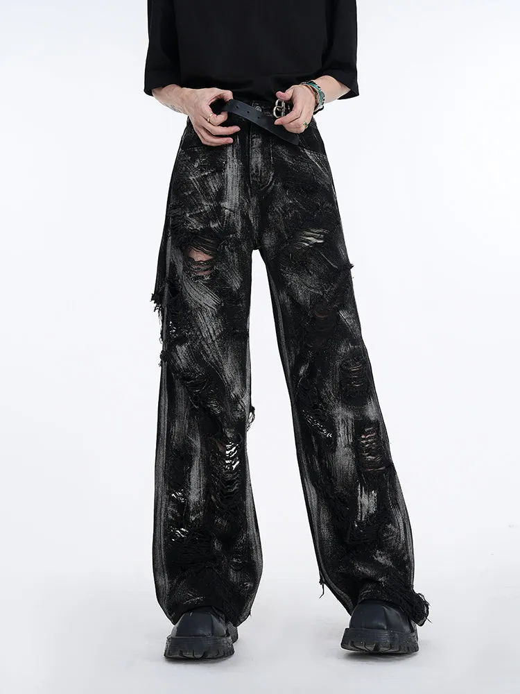 【24s Aug.】High Street Wasteland Style Graffiti Black Damaged Jeans