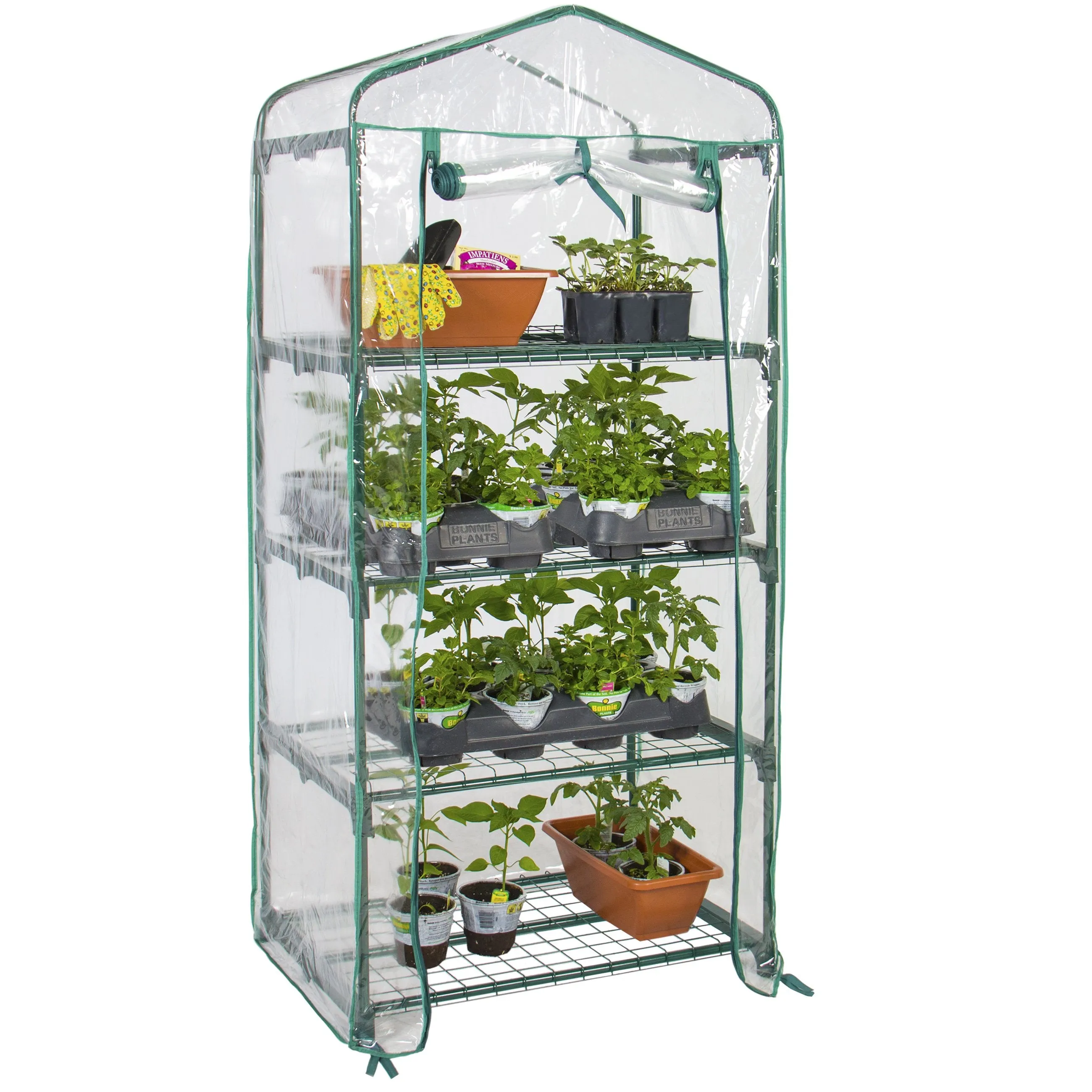 27x19x63in 4-Tier Mini Greenhouse w/ Roll-Up Zipper Door, Steel Shelves