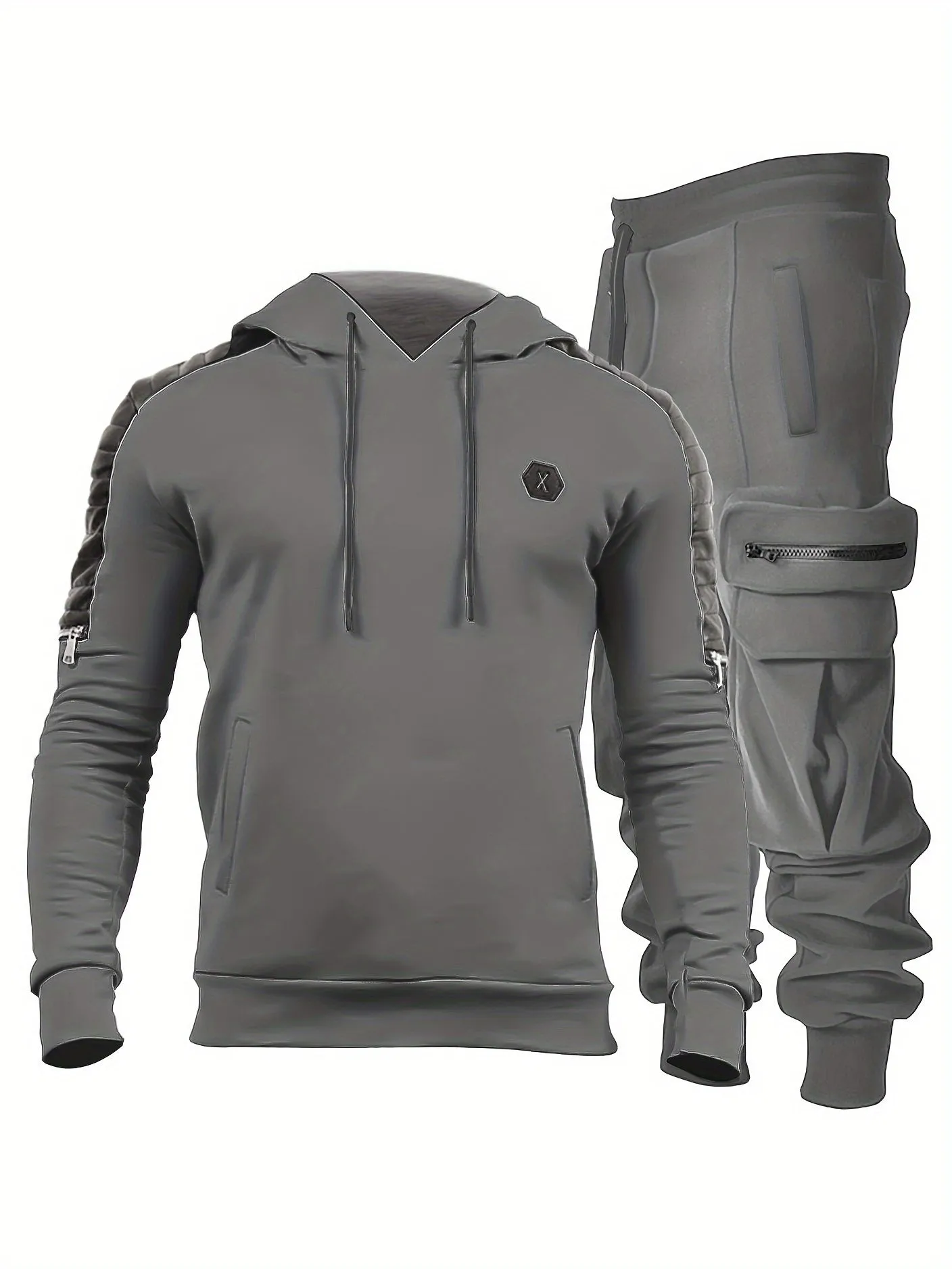 2pcs Sportswear, Men's Mid Stretch Hoodie & Cargo Pants For Outdoor Spring Fall Winter