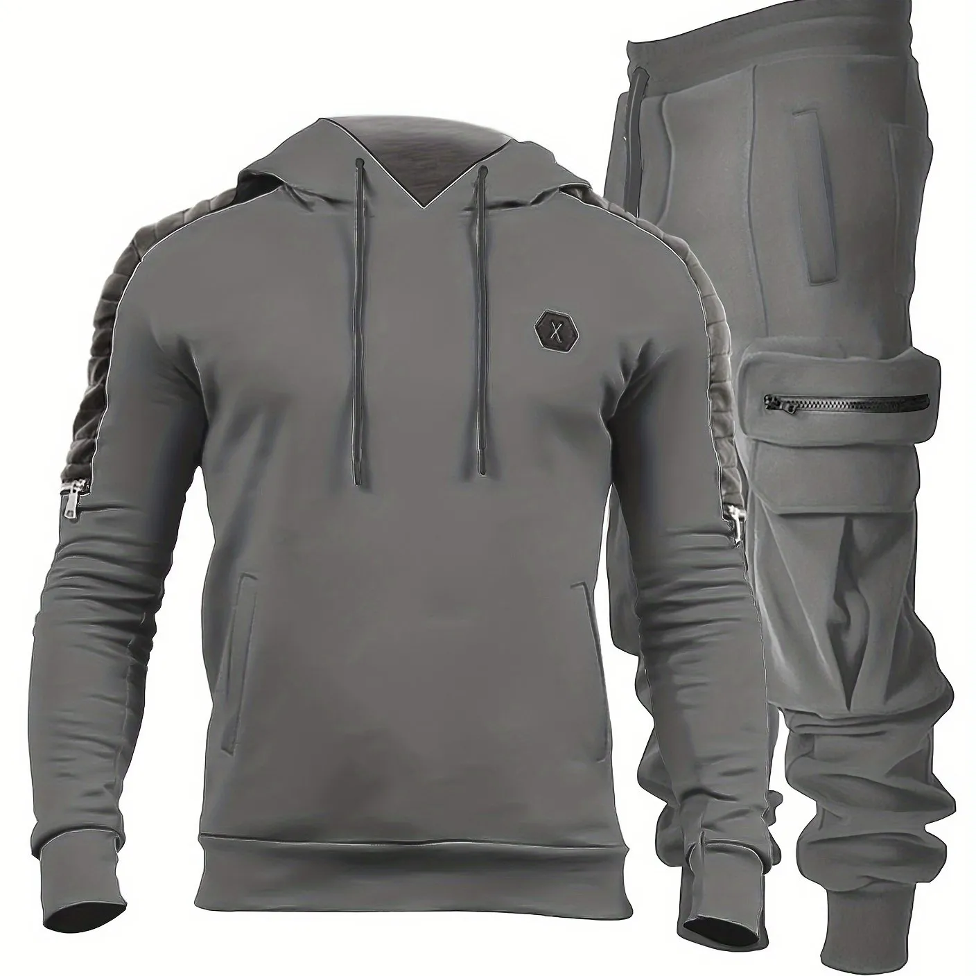 2pcs Sportswear, Men's Mid Stretch Hoodie & Cargo Pants For Outdoor Spring Fall Winter