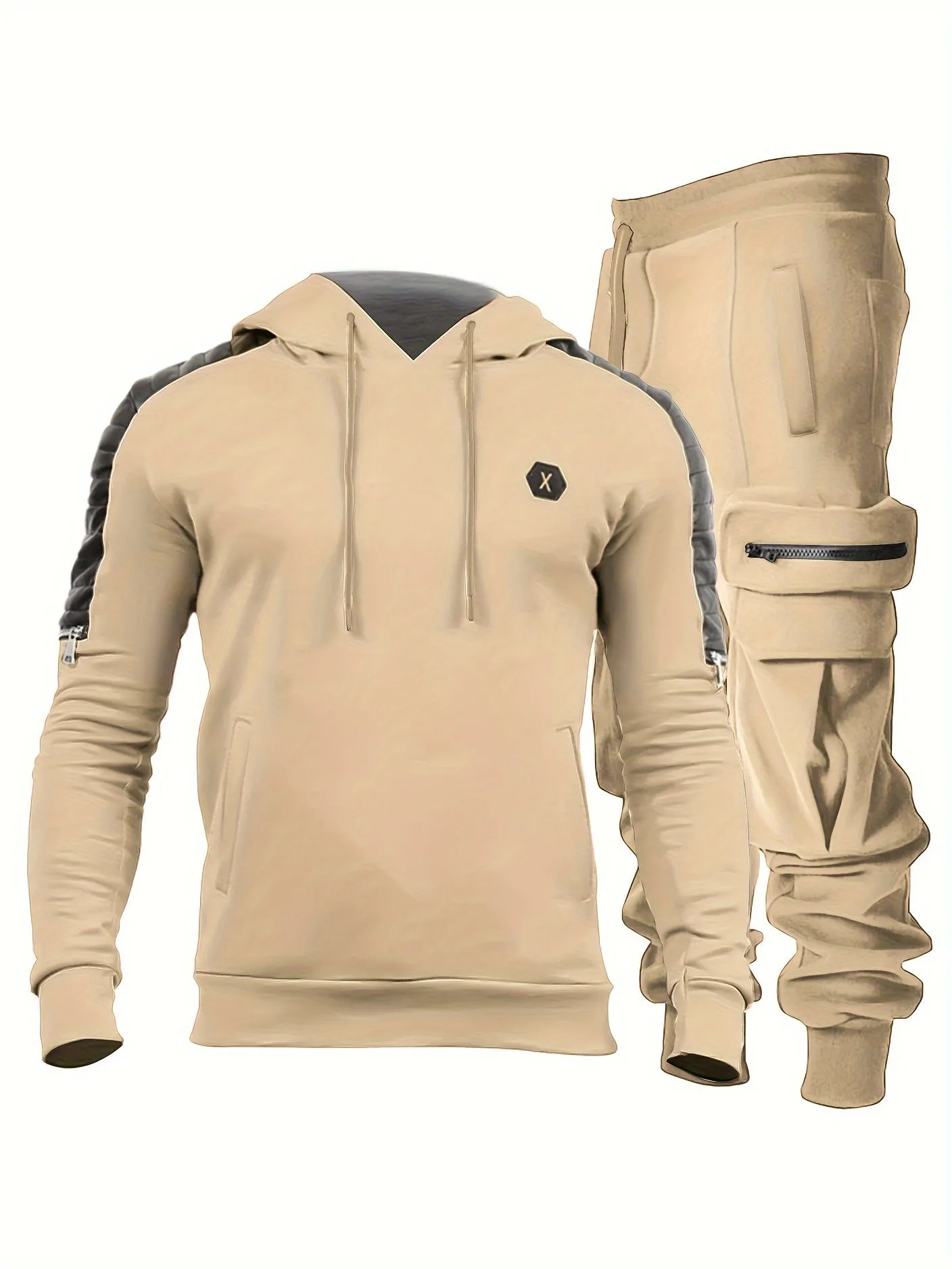 2pcs Sportswear, Men's Mid Stretch Hoodie & Cargo Pants For Outdoor Spring Fall Winter