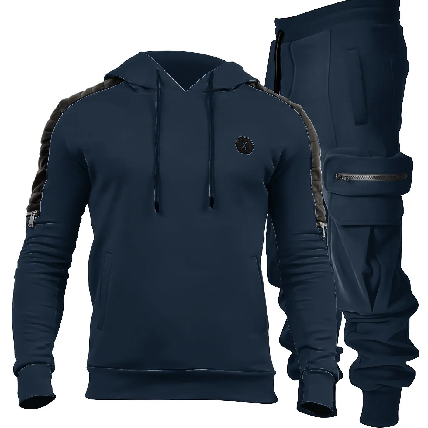 2pcs Sportswear, Men's Mid Stretch Hoodie & Cargo Pants For Outdoor Spring Fall Winter