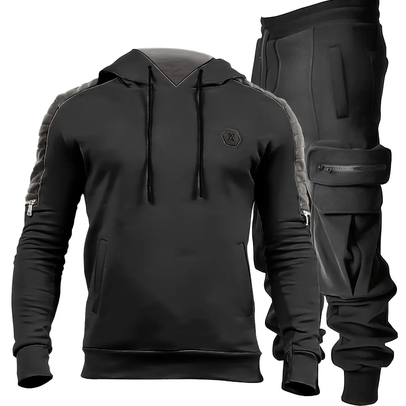 2pcs Sportswear, Men's Mid Stretch Hoodie & Cargo Pants For Outdoor Spring Fall Winter