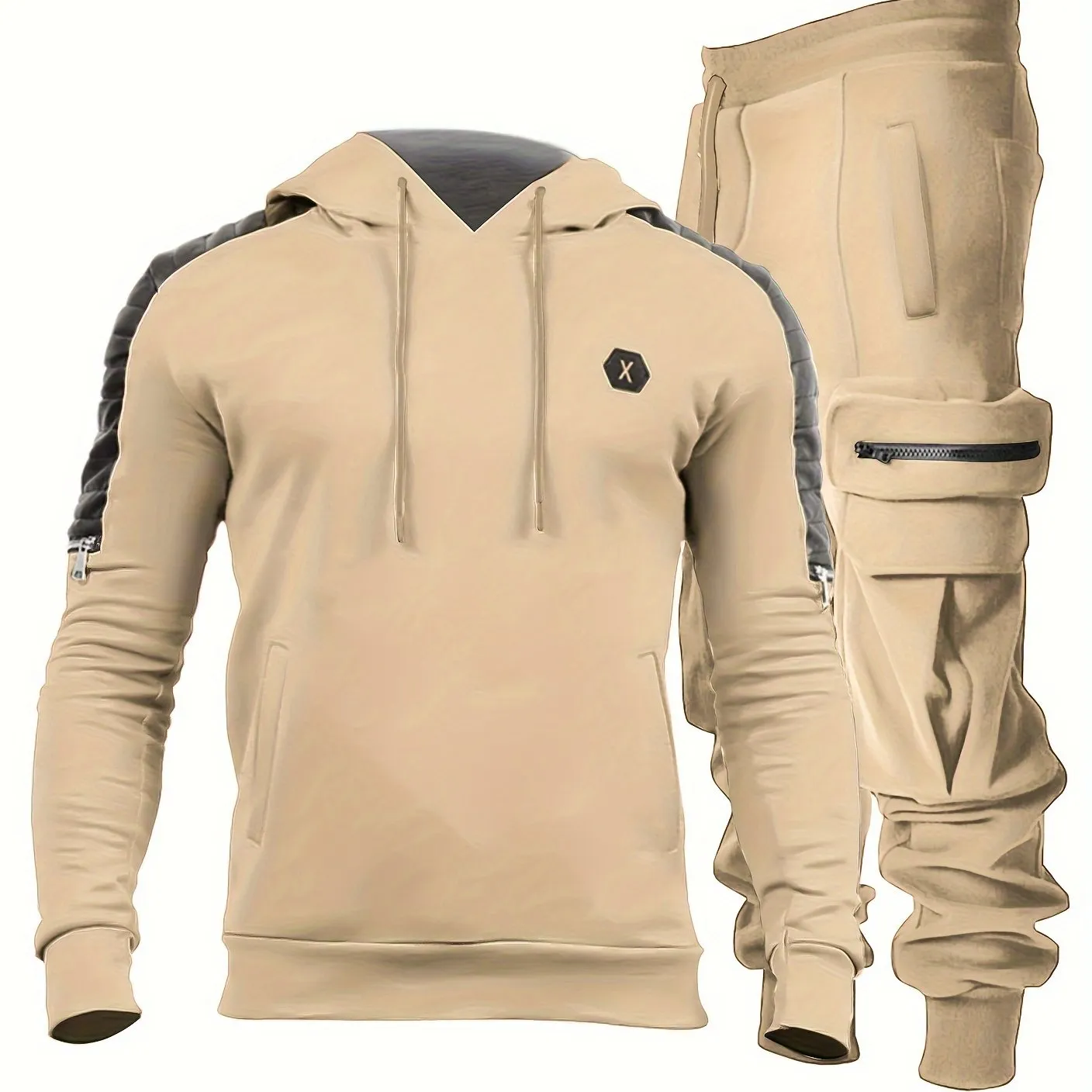 2pcs Sportswear, Men's Mid Stretch Hoodie & Cargo Pants For Outdoor Spring Fall Winter