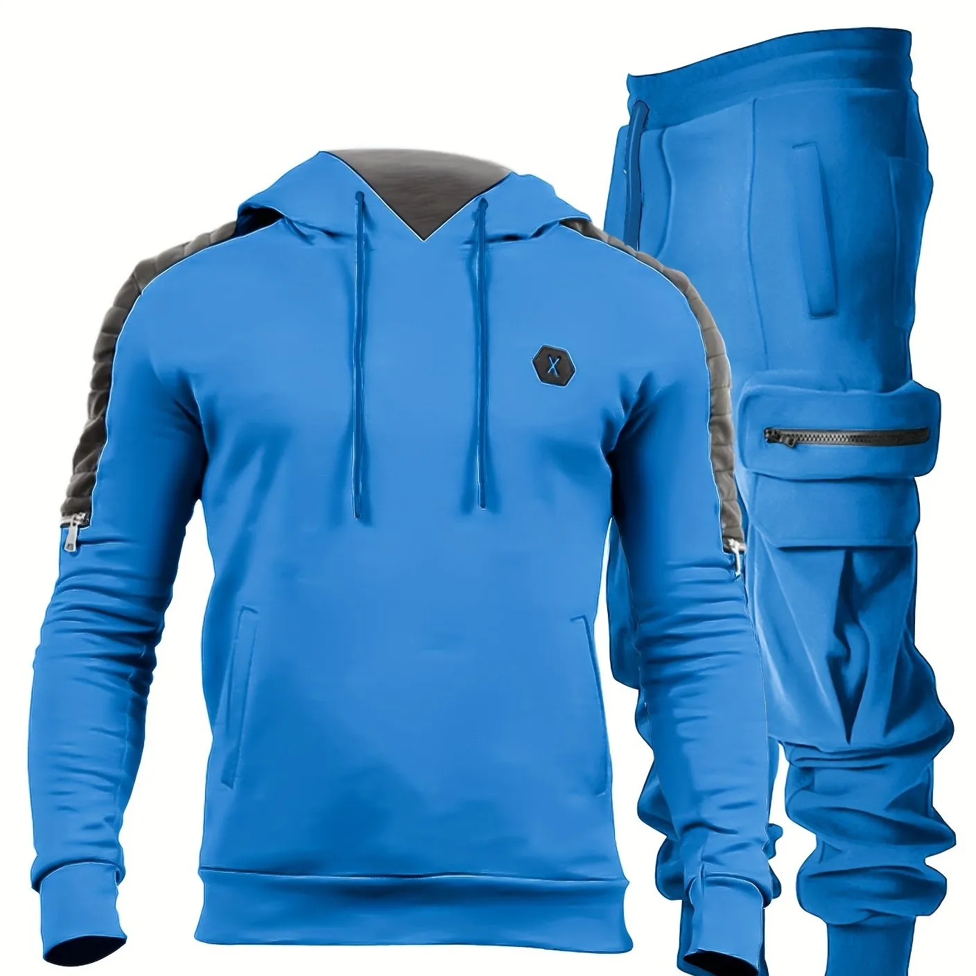 2pcs Sportswear, Men's Mid Stretch Hoodie & Cargo Pants For Outdoor Spring Fall Winter