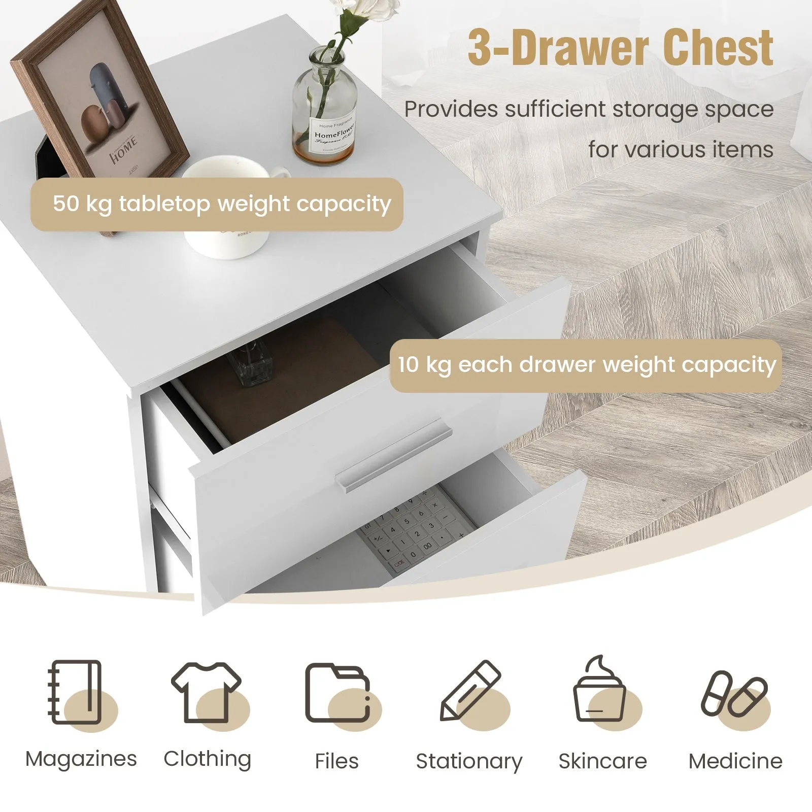 3-Drawer Wooden Dresser Cabinet with Anti-Toppling Device-White