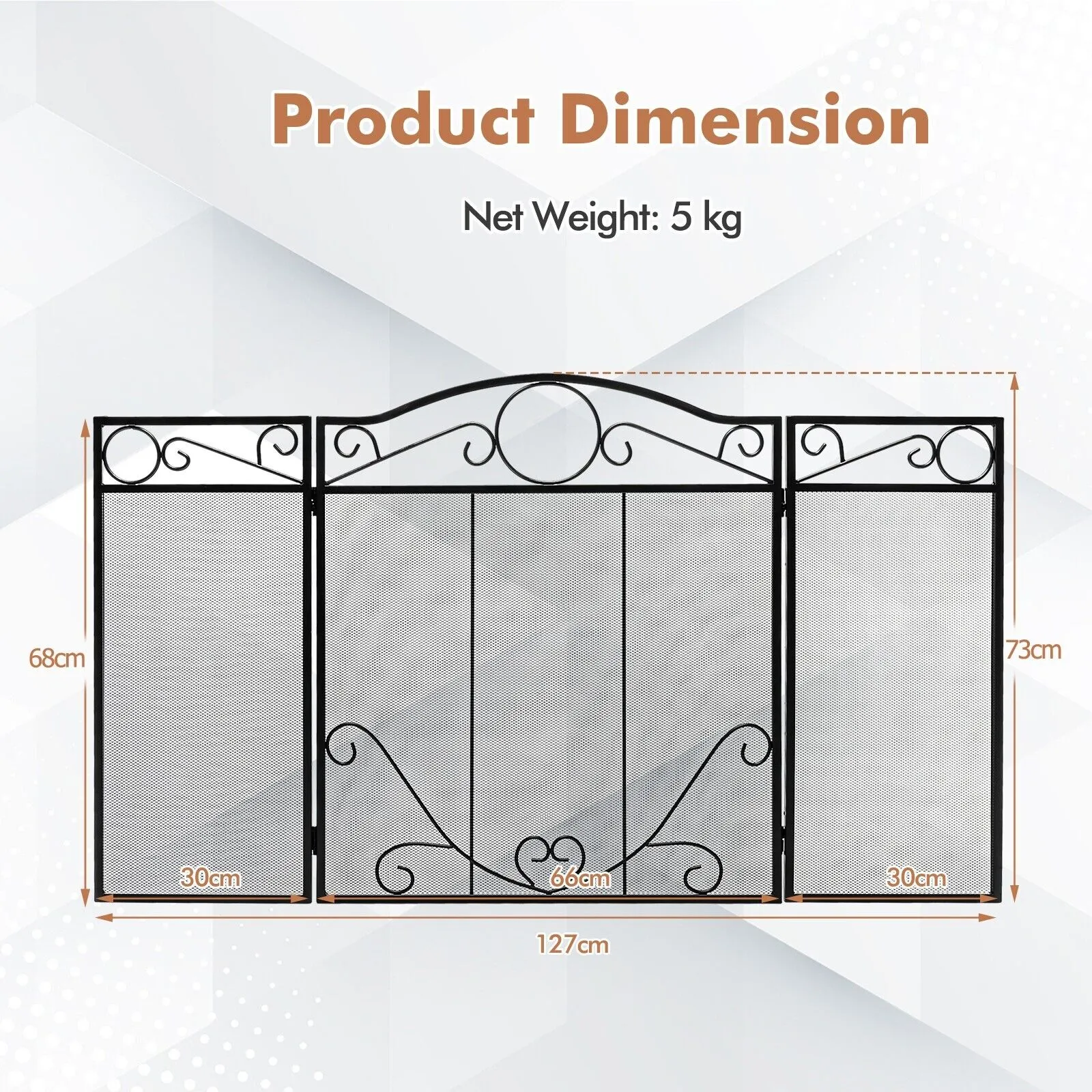 3-Panel Folding Metal Fireplace Screen with Leaves Decoration