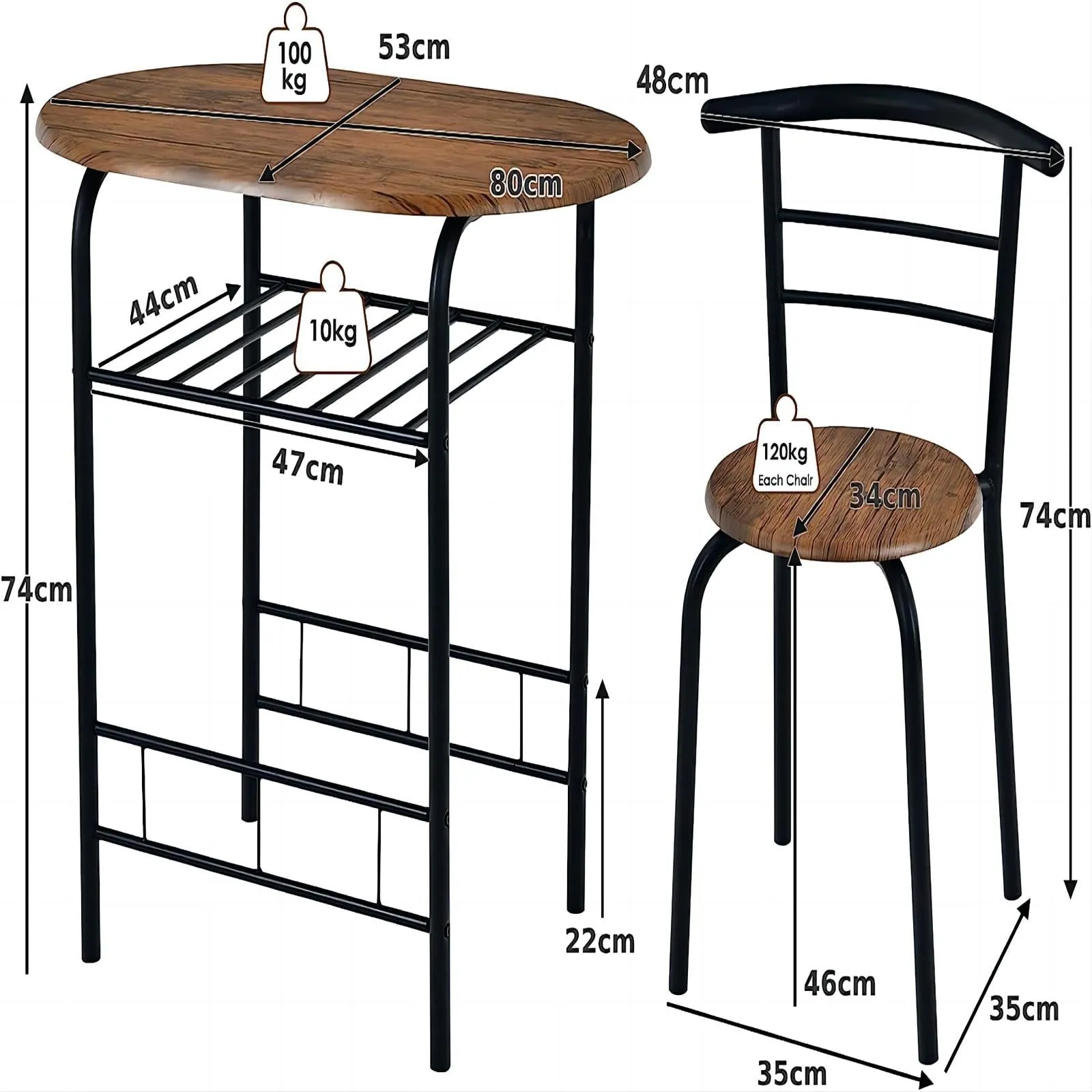 3 Pieces Compact Dining Set with Storage Shelf for Kitchen Bars - Black & Brown