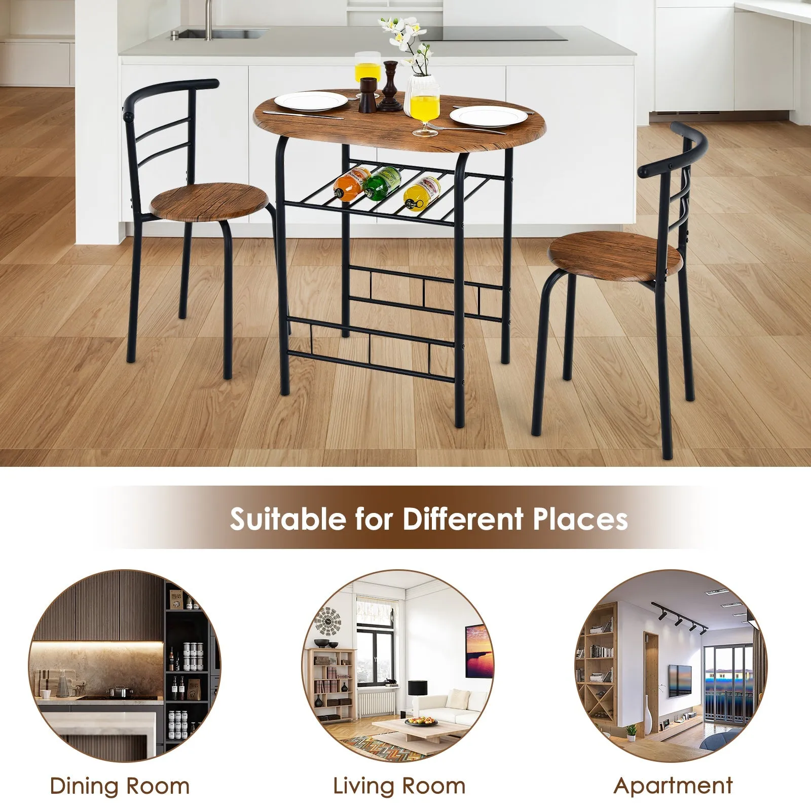 3 Pieces Compact Dining Set with Storage Shelf for Kitchen Bars - Black & Brown