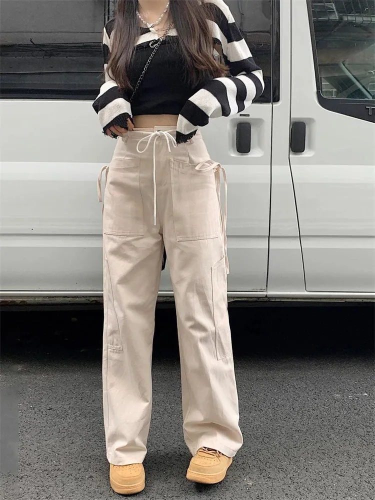 Advbridg Casual Lace Up Cargo Pants Y2k White Streetwear Women Side Drawstring Design Trousers Hip Hop Pants Spring New