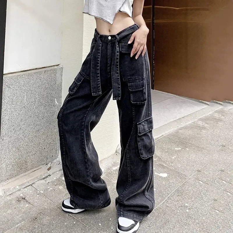 Advbridge - Streetwear Wide Leg Cargo Pants Women Fashion High Waist Baggy Jeans Woman 90S Straight Loose Denim Trousers Ladies