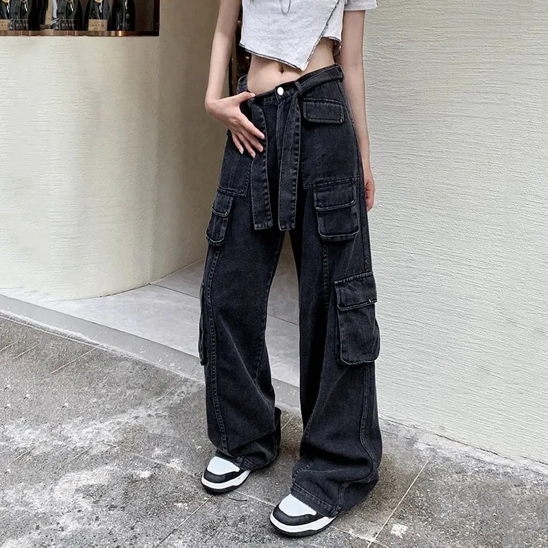 Advbridge - Streetwear Wide Leg Cargo Pants Women Fashion High Waist Baggy Jeans Woman 90S Straight Loose Denim Trousers Ladies