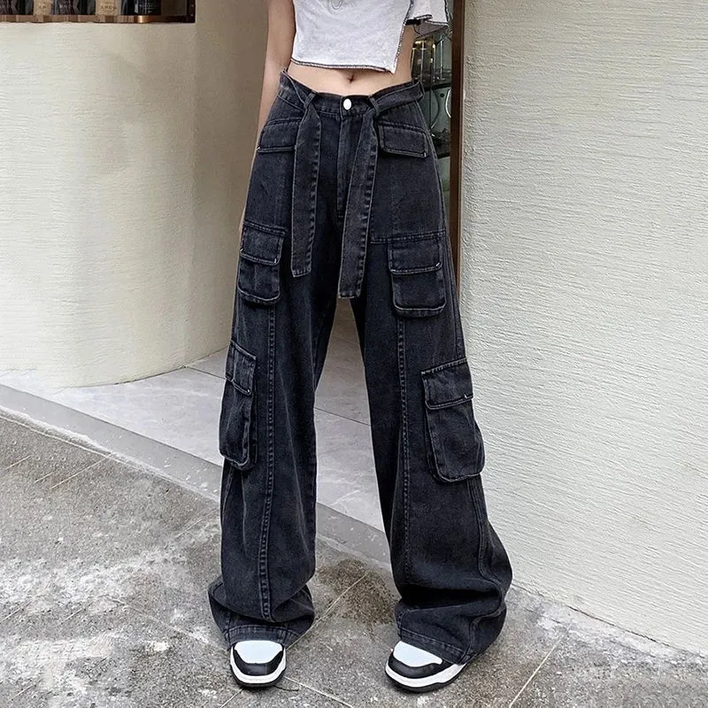 Advbridge - Streetwear Wide Leg Cargo Pants Women Fashion High Waist Baggy Jeans Woman 90S Straight Loose Denim Trousers Ladies