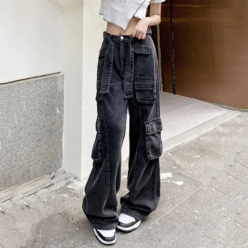 Advbridge - Streetwear Wide Leg Cargo Pants Women Fashion High Waist Baggy Jeans Woman 90S Straight Loose Denim Trousers Ladies