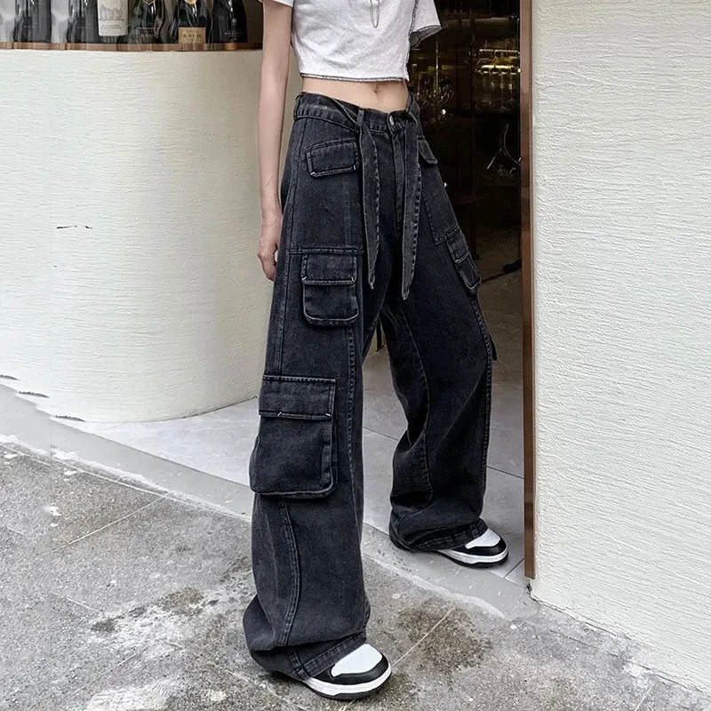 Advbridge - Streetwear Wide Leg Cargo Pants Women Fashion High Waist Baggy Jeans Woman 90S Straight Loose Denim Trousers Ladies