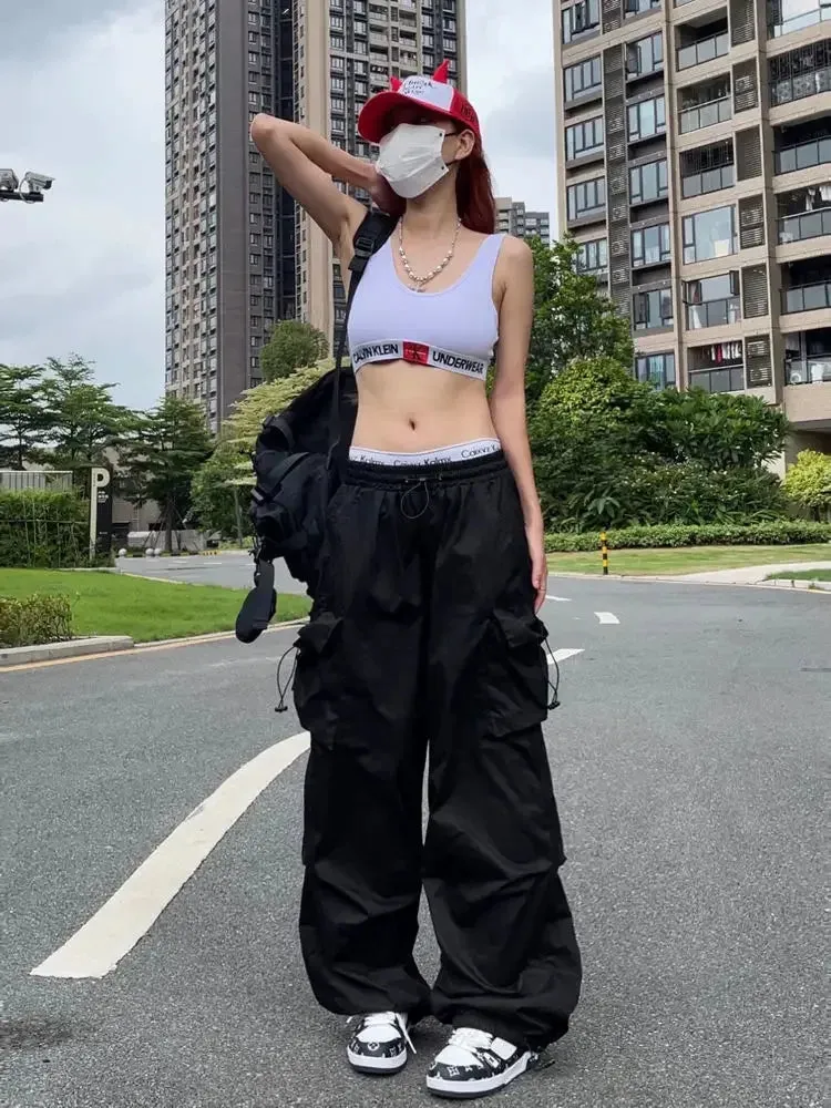 Advbridge  -  Women Hip Hop Streetwear Oversize Pockets Workout Overalls High Waist Drawstring Loose Cargo Pants Harajuku Jogging Trousers