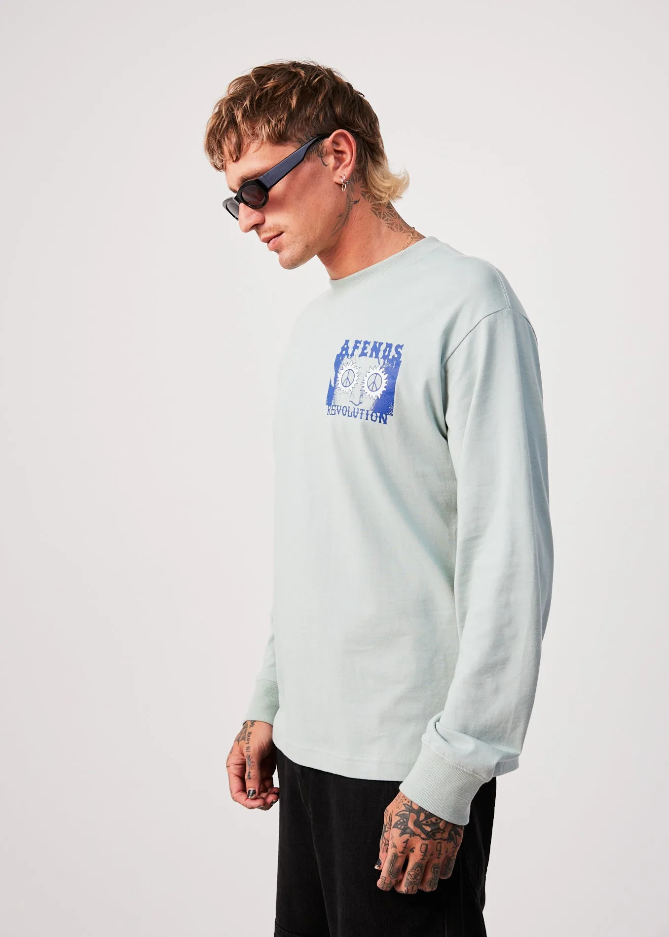 AFENDS Mens Utopia - Long Sleeve Graphic T-Shirt - Smoke Green