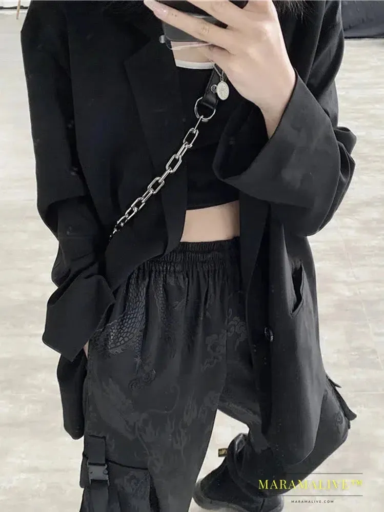 AltGoth Retro Mall Goth Pants Women Dragon Printed High Waist Loose Straight Trousers Street Grunge Dark Cargo Pants