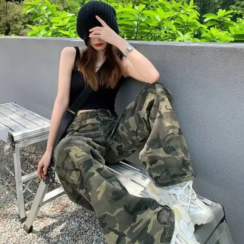 Amozae-Camouflage Cargo Pants Women Y2K Streetwear Low Rise Jeans Retro Wide Leg Trousers Denim Straight Trousers Harajuku