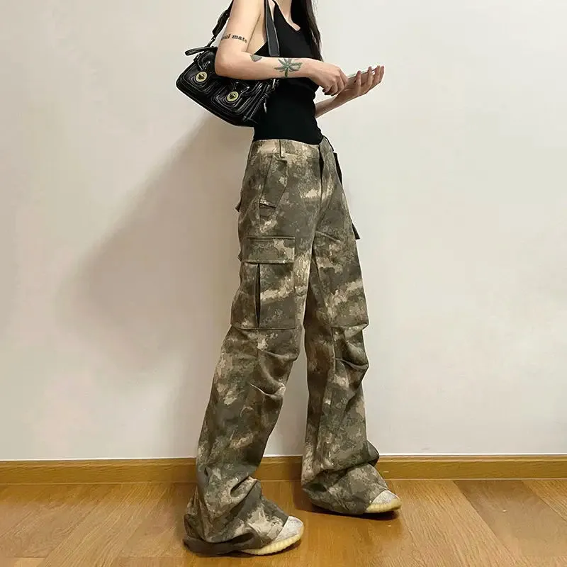 Amozae-Camouflage Print Dye Multiple Pockets High-Waisted Cargo Pants Woman Loose Casual Vintage Streetwear Style Camo Trousers