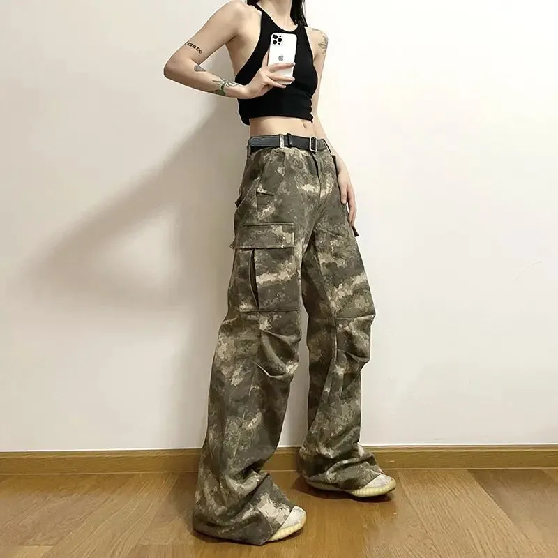 Amozae-Camouflage Print Dye Multiple Pockets High-Waisted Cargo Pants Woman Loose Casual Vintage Streetwear Style Camo Trousers