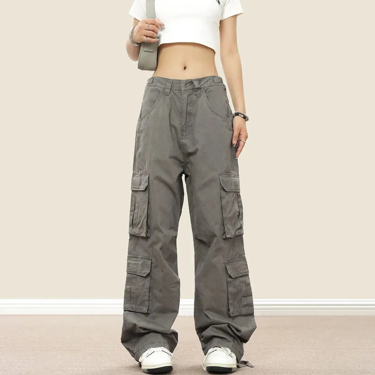 Amozae-Cargo Pants Multiple Pockets Baggy Harajuku Streetwear Straight Pants Y2k 2000s Women Green Vintage Large Size Fashion Trousers