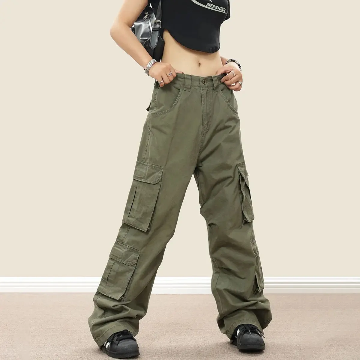 Amozae-Cargo Pants Multiple Pockets Baggy Harajuku Streetwear Straight Pants Y2k 2000s Women Green Vintage Large Size Fashion Trousers