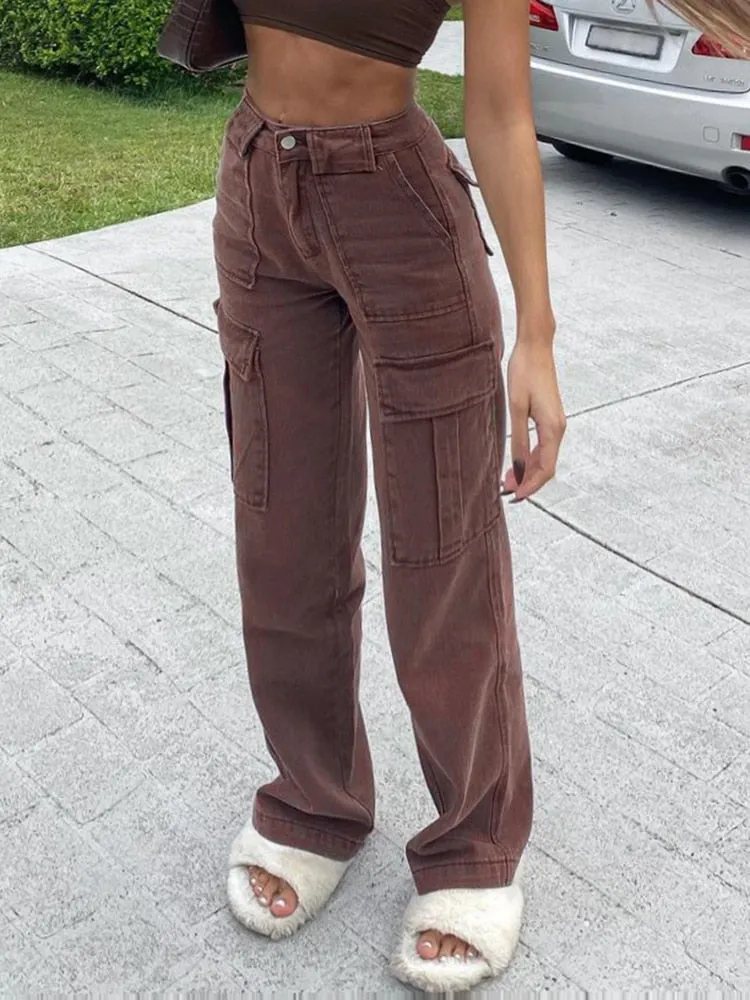 Amozae Casual Brown Jeans Woman High Waisted Cargo Pants Women Pocket Fashion Straight Long Trousers Ladies Streetwear