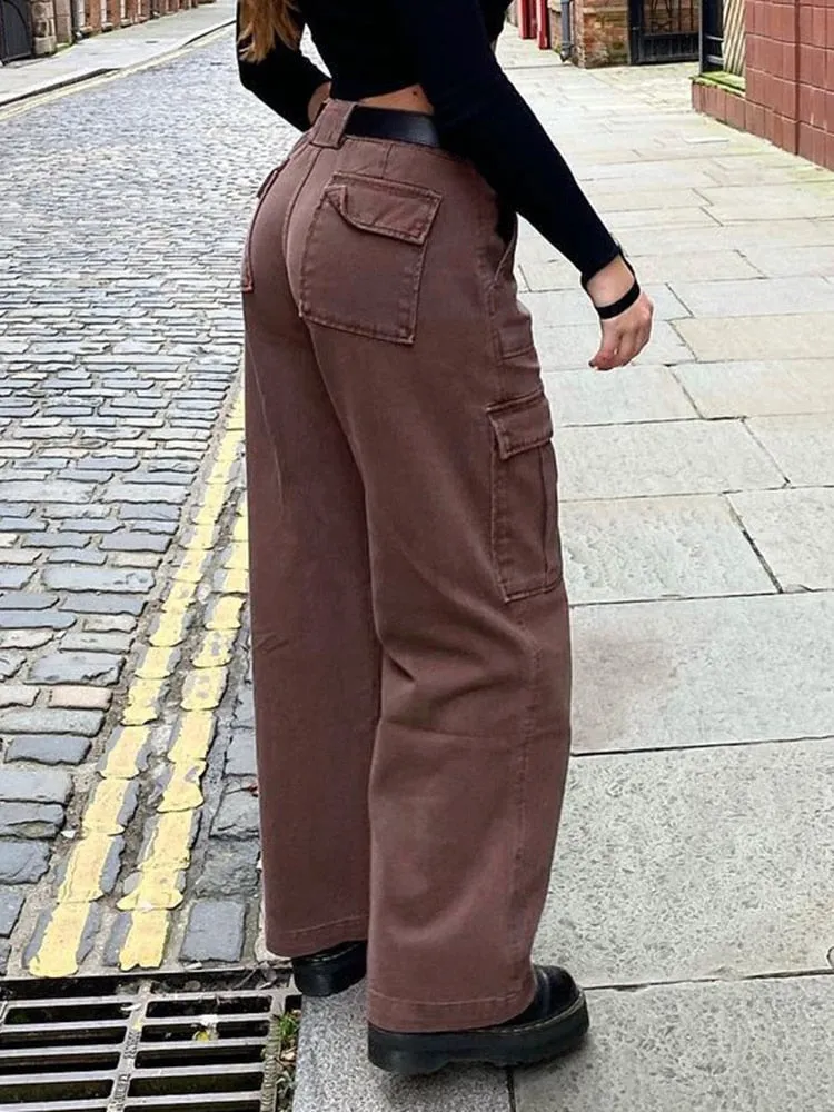 Amozae Casual Brown Jeans Woman High Waisted Cargo Pants Women Pocket Fashion Straight Long Trousers Ladies Streetwear