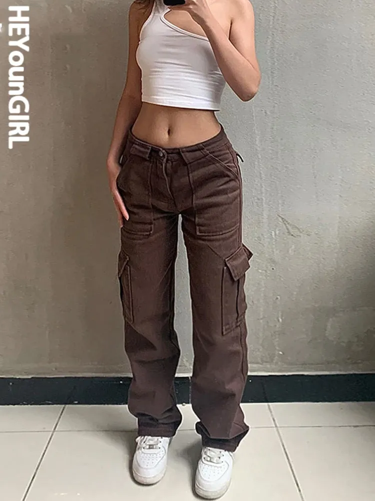 Amozae Casual Brown Jeans Woman High Waisted Cargo Pants Women Pocket Fashion Straight Long Trousers Ladies Streetwear