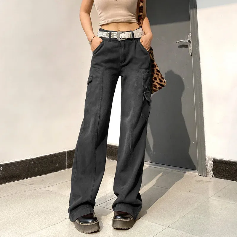 Amozae-Fall Outfits Streetwear y2k 90s Fashion Gothic New Street High Waist Straight Leg Casual Jeans with Irregular Pockets Work Clothes Floor Towers  Dad's Pants