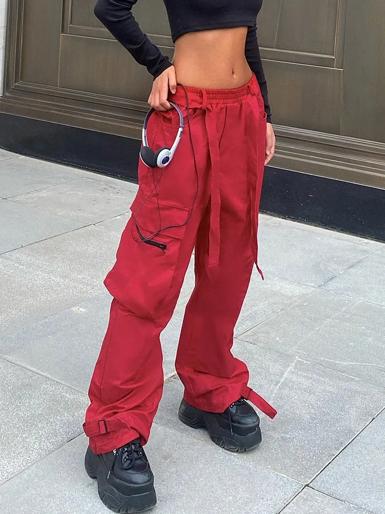 Ashore Shop Tie Up Low Rise Cargo Pants 100% Cotton Women Streetwear Red Cool Baggy Wide Leg Casual Pants Pocket y2k Trousers Ladies