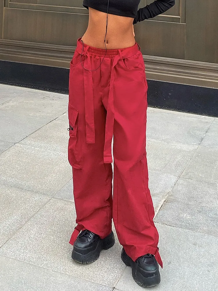 Ashore Shop Tie Up Low Rise Cargo Pants 100% Cotton Women Streetwear Red Cool Baggy Wide Leg Casual Pants Pocket y2k Trousers Ladies