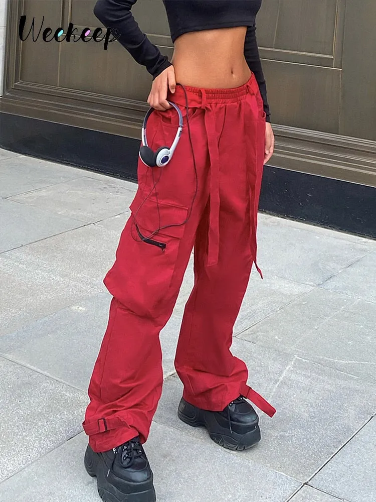 Ashore Shop Tie Up Low Rise Cargo Pants 100% Cotton Women Streetwear Red Cool Baggy Wide Leg Casual Pants Pocket y2k Trousers Ladies