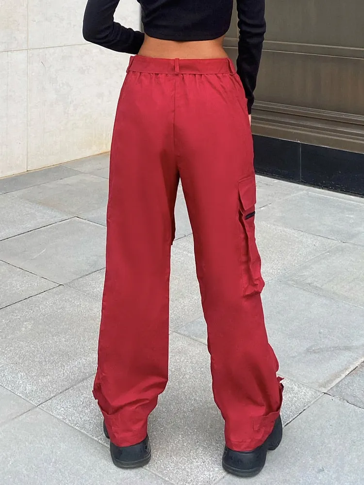 Ashore Shop Tie Up Low Rise Cargo Pants 100% Cotton Women Streetwear Red Cool Baggy Wide Leg Casual Pants Pocket y2k Trousers Ladies