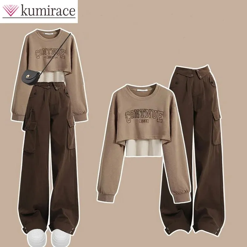 Autumn Wear Women's Set 2023 New Korean Edition Round Neck Top with Hanging Strap Work Pants Three Piece Set Clothes for Women