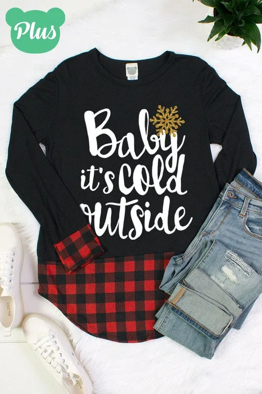 Baby It's Cold Plaid Cuff and Hem Holiday Long Sleeve Shirt