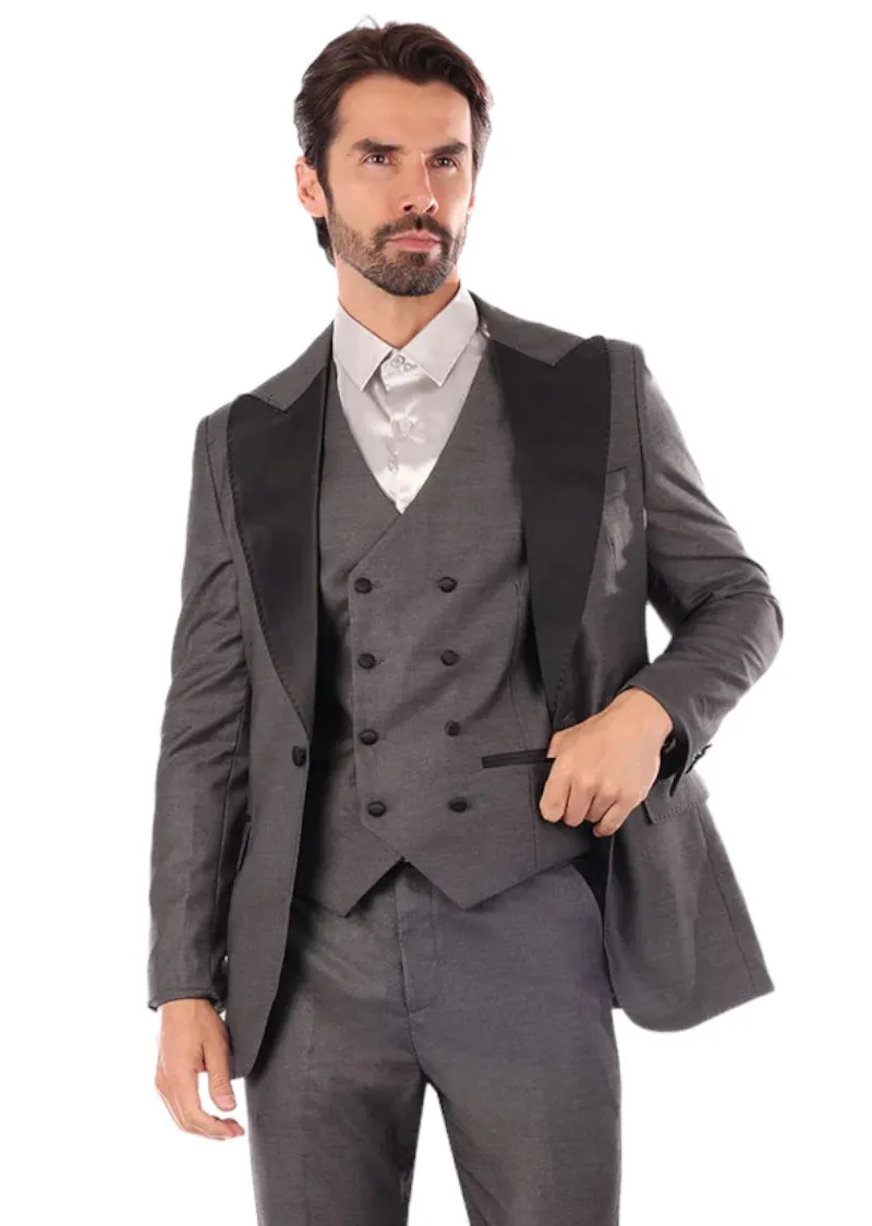 Barabas Men's Grey Tuxedo Suit Black Peak Lapel with Vest Style No: 4SU13